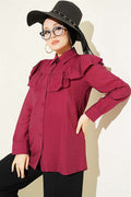 Burgundy Shirt with Ruffled Collar and Buttoned Cuffs