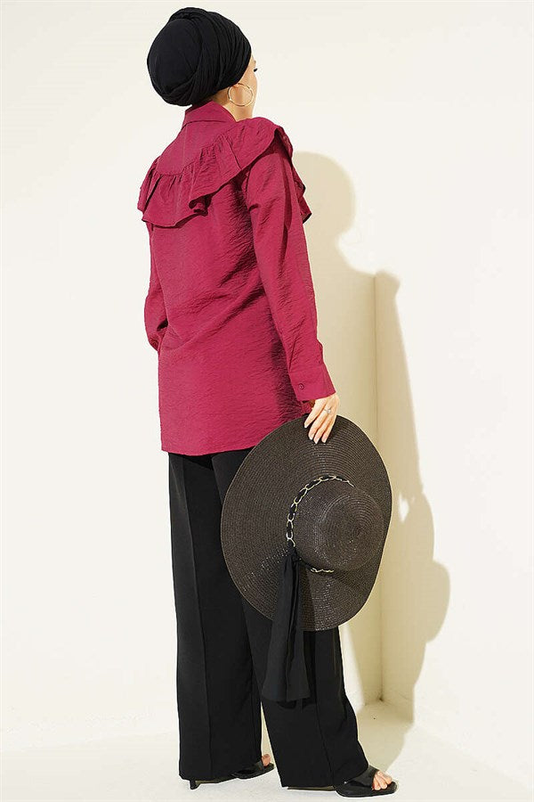 Burgundy Shirt with Ruffled Collar and Buttoned Cuffs
