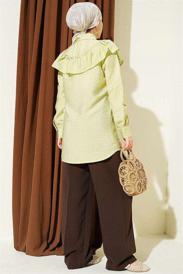 Shirt with Ruffled Collar and Buttoned Cuffs, Light Green