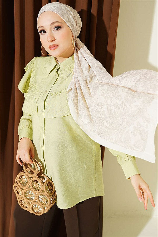 Shirt with Ruffled Collar and Buttoned Cuffs, Light Green