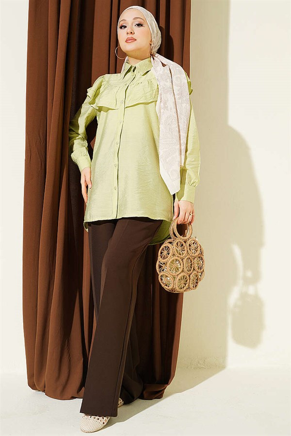 Shirt with Ruffled Collar and Buttoned Cuffs, Light Green