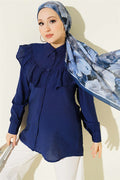 Navy Blue Shirt with Ruffled Collar and Buttoned Cuffs