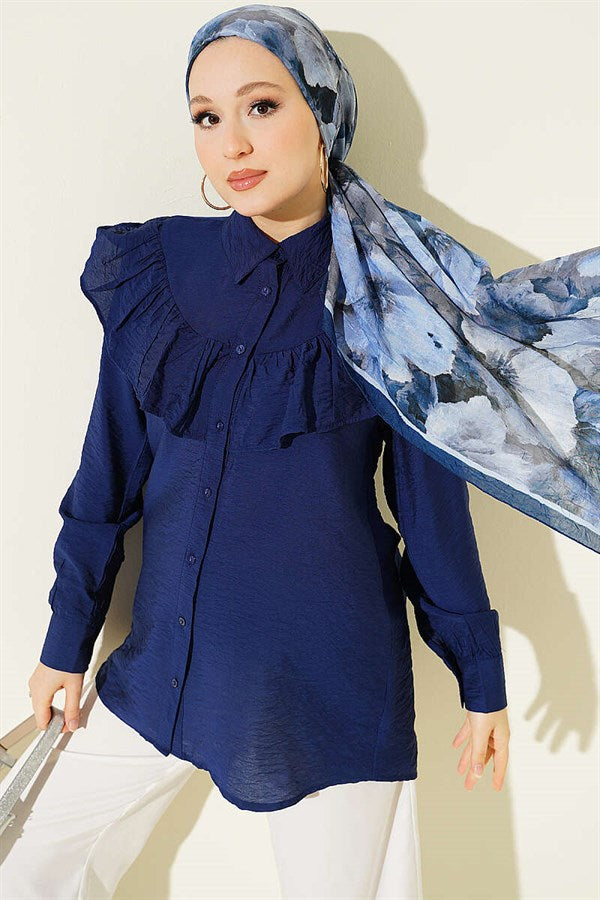Navy Blue Shirt with Ruffled Collar and Buttoned Cuffs