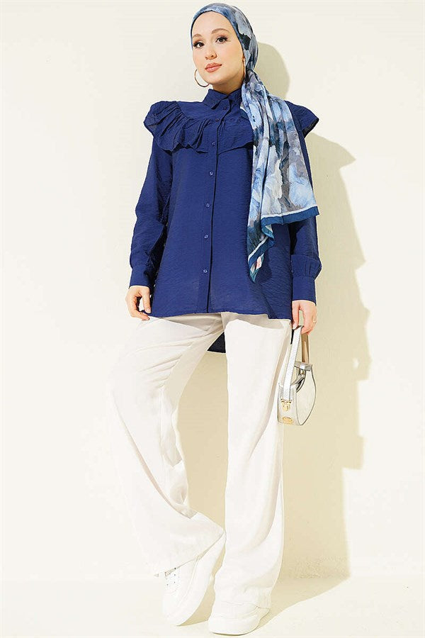 Navy Blue Shirt with Ruffled Collar and Buttoned Cuffs