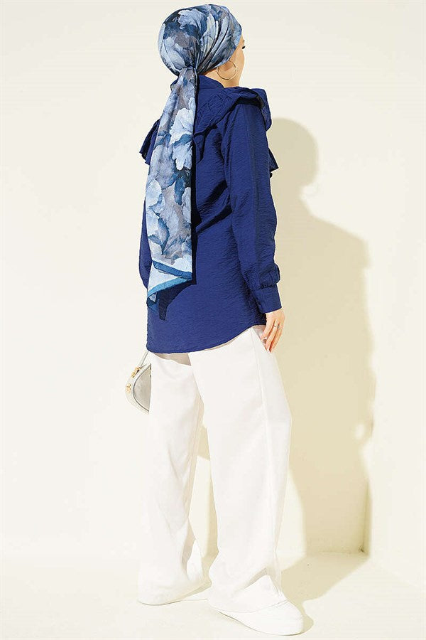 Navy Blue Shirt with Ruffled Collar and Buttoned Cuffs