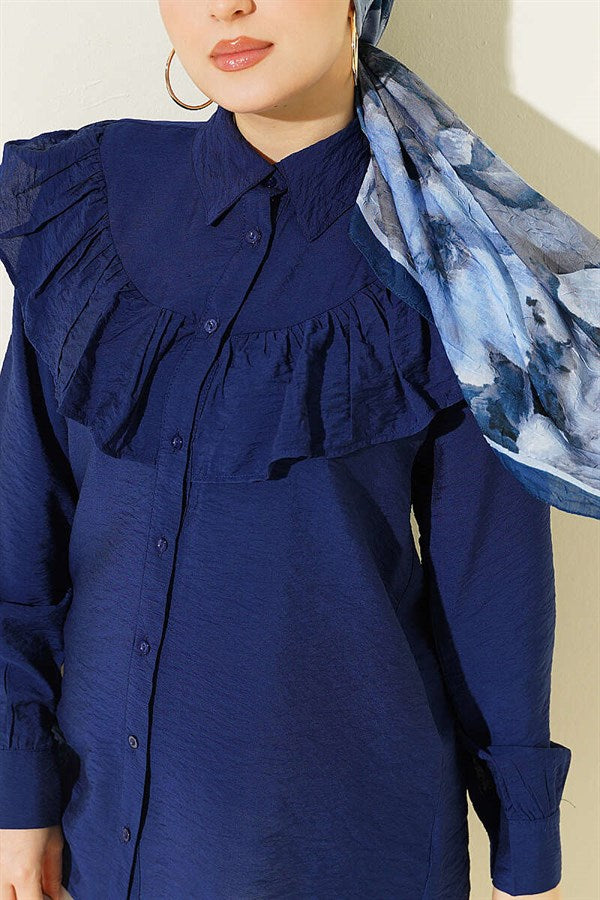Navy Blue Shirt with Ruffled Collar and Buttoned Cuffs