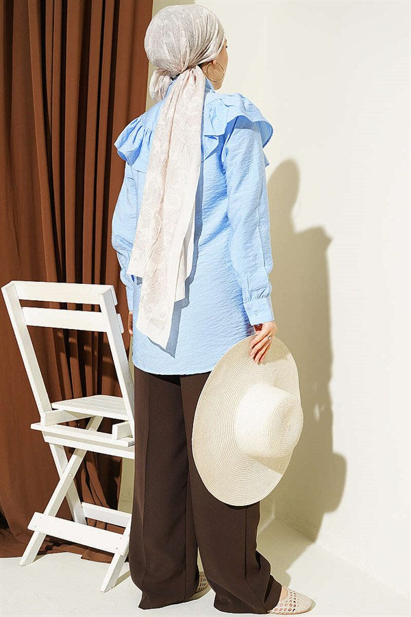 Shirt with Ruffled Collar and Buttoned Cuffs, Blue