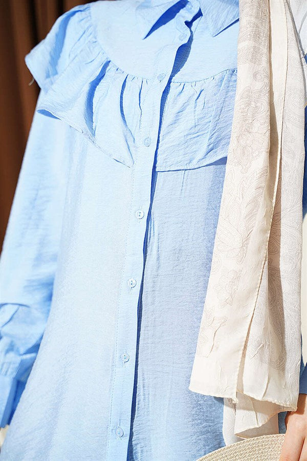 Shirt with Ruffled Collar and Buttoned Cuffs, Blue