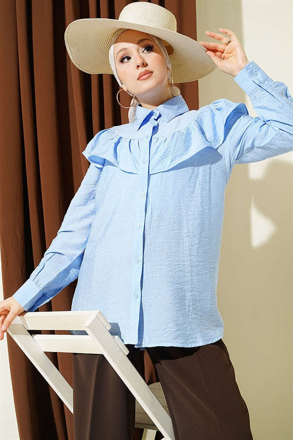Shirt with Ruffled Collar and Buttoned Cuffs, Blue