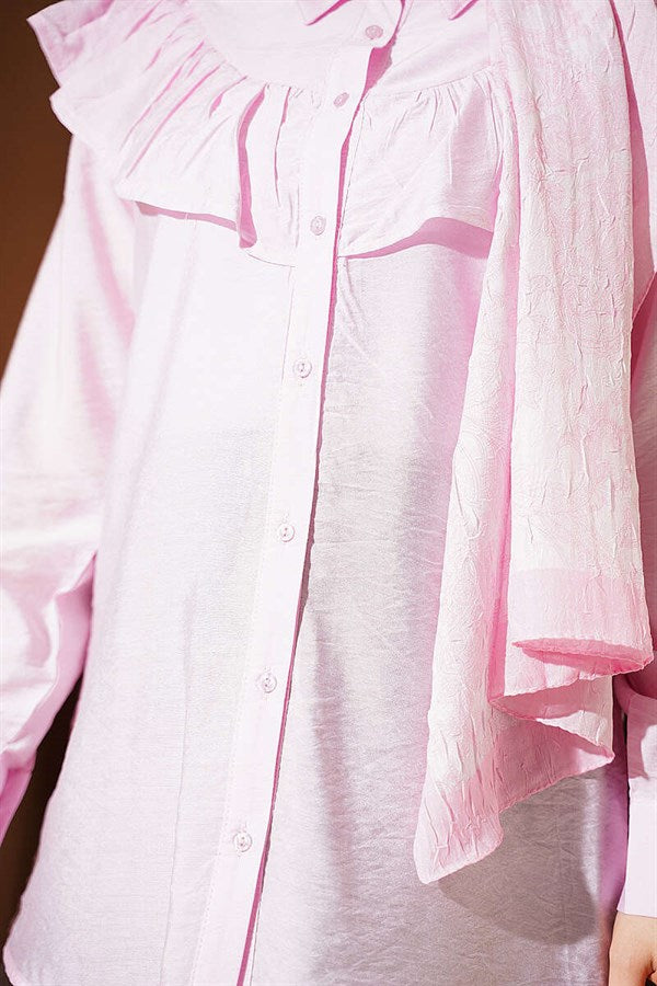 Pink Shirt with Ruffled Collar and Buttoned Cuffs