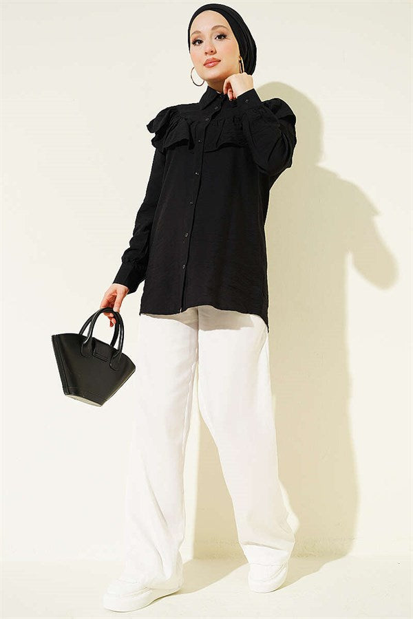 Black Shirt with Ruffled Collar and Buttoned Cuffs