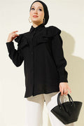 Black Shirt with Ruffled Collar and Buttoned Cuffs