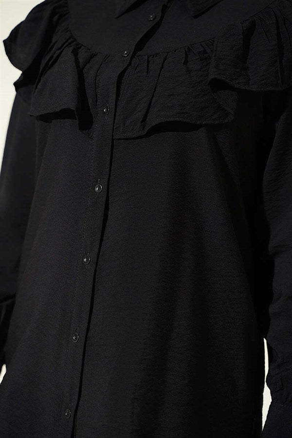 Black Shirt with Ruffled Collar and Buttoned Cuffs