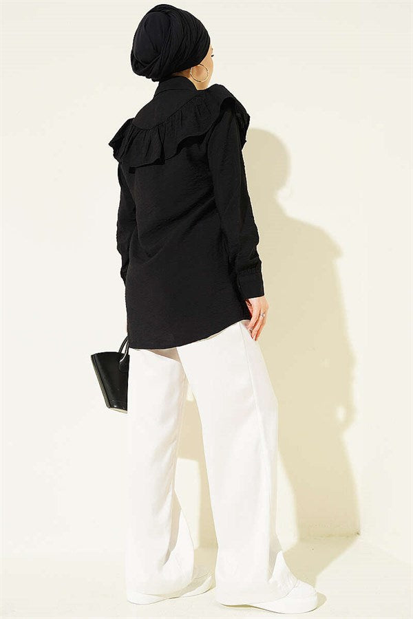 Black Shirt with Ruffled Collar and Buttoned Cuffs