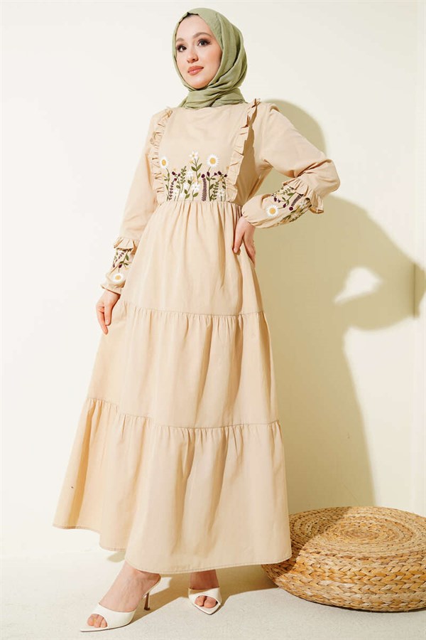Beige Poplin Dress with Ruffled Collar and Embroidery