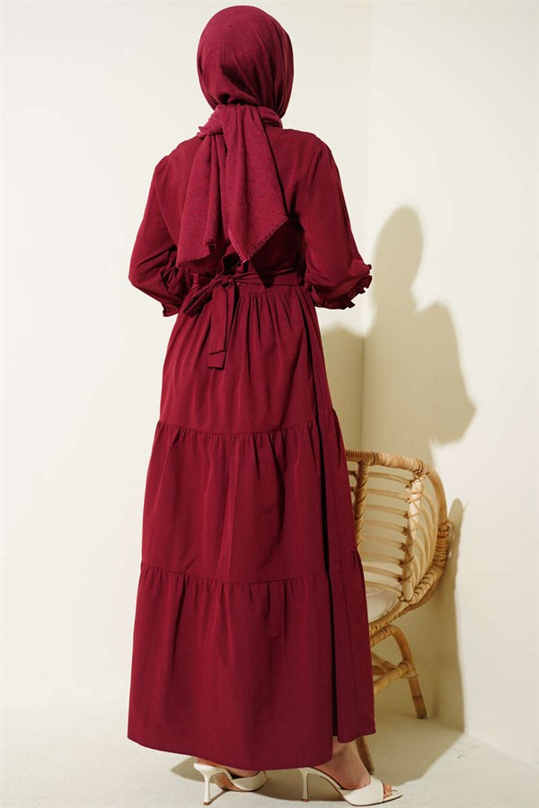 Burgundy Poplin Dress with Ruffled Collar and Embroidery