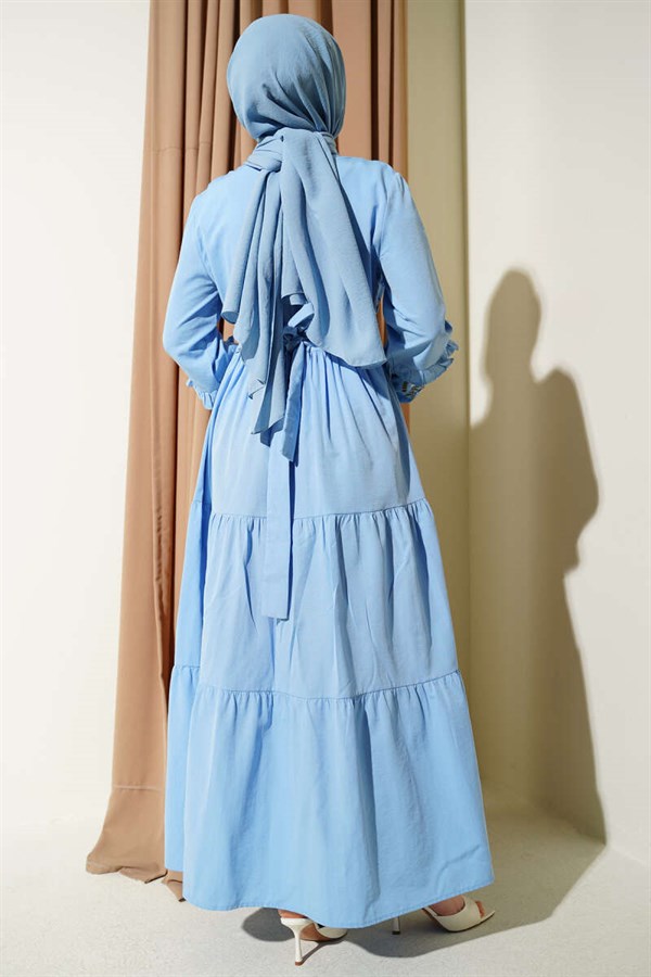 Ice Blue Poplin Dress with Ruffled Collar and Embroidered Detail