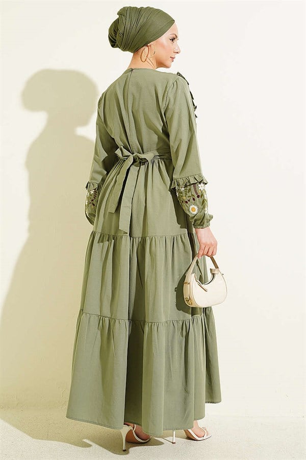 Embroidered Poplin Dress with Ruffled Collar, Khaki