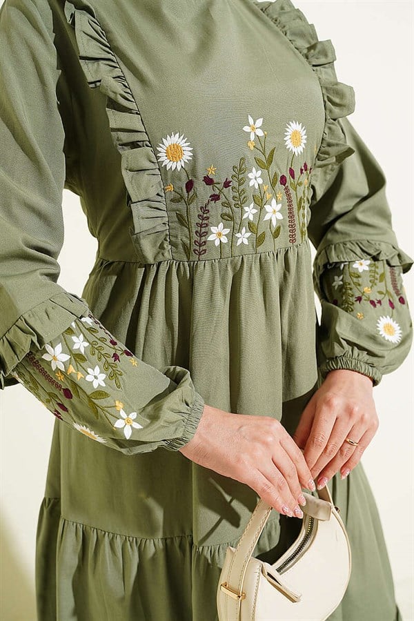 Embroidered Poplin Dress with Ruffled Collar, Khaki