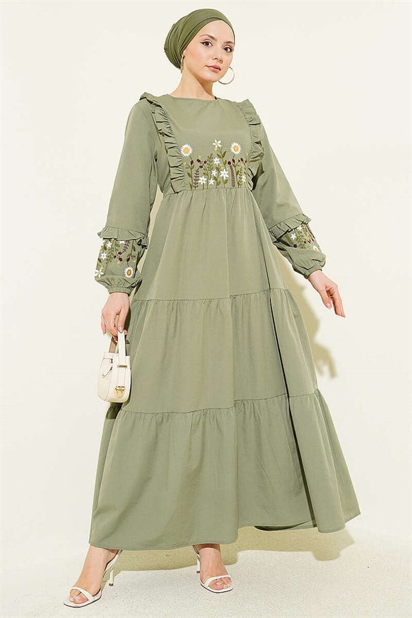 Embroidered Poplin Dress with Ruffled Collar, Khaki