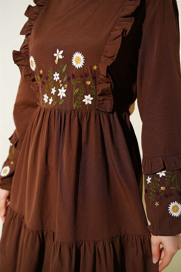 Embroidered Poplin Dress with Ruffled Collar, Brown