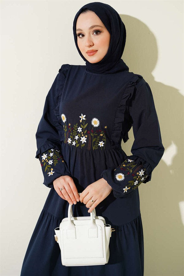 Navy Blue Embroidered Poplin Dress with Ruffled Collar
