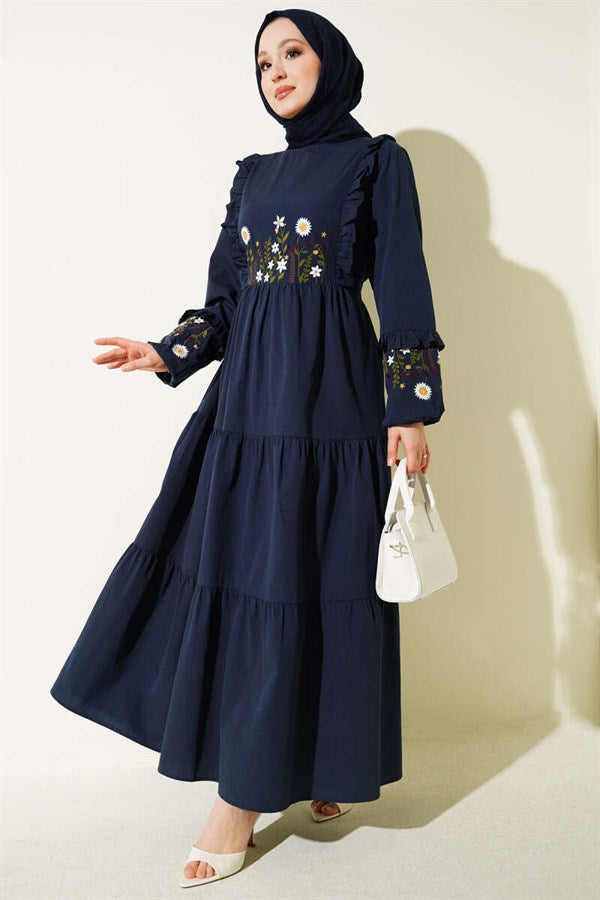 Navy Blue Embroidered Poplin Dress with Ruffled Collar