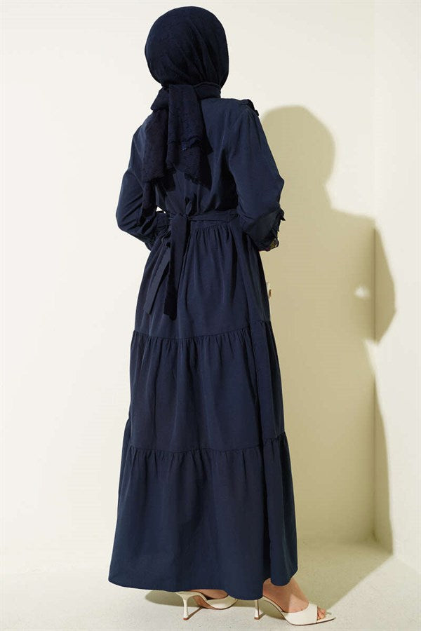 Navy Blue Embroidered Poplin Dress with Ruffled Collar