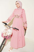 Powder Pink Embroidered Poplin Dress with Ruffled Collar