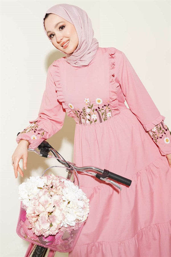 Powder Pink Embroidered Poplin Dress with Ruffled Collar