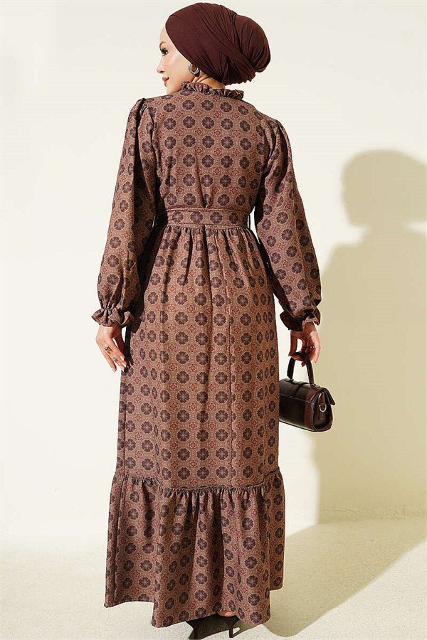 Authentic Dress with Ruffled Collar, Khaki