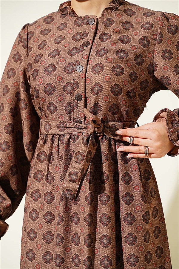 Authentic Dress with Ruffled Collar, Khaki