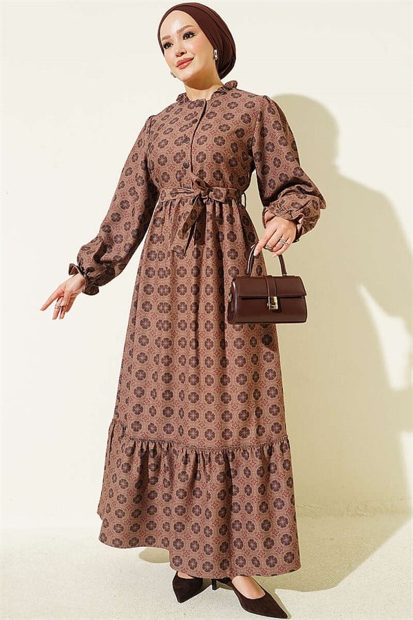 Authentic Dress with Ruffled Collar, Khaki