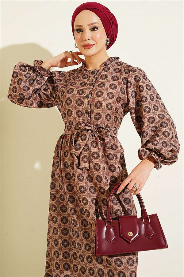 Authentic Dress with Ruffled Collar, Tan