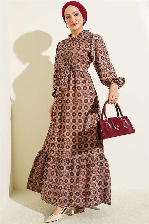 Authentic Dress with Ruffled Collar, Tan