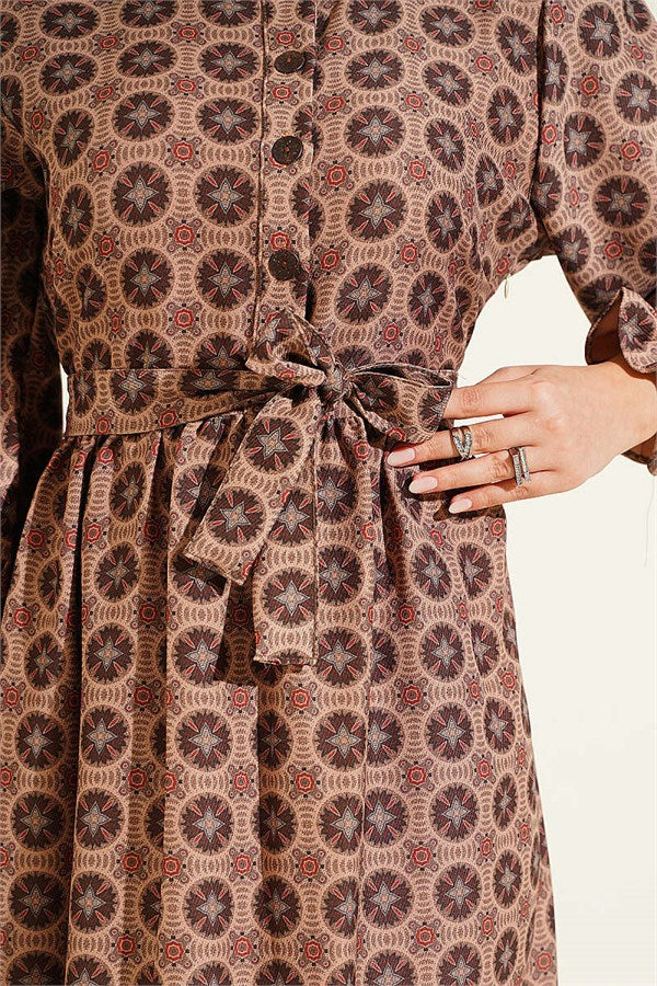 Authentic Dress with Ruffled Collar, Tan