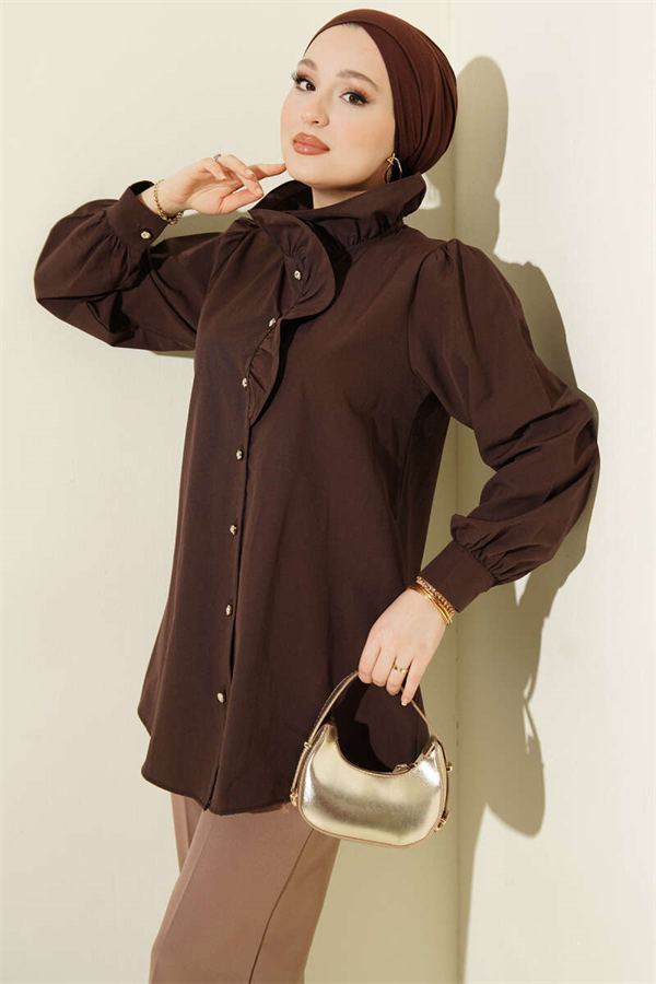 Shirt with Ruffled Collar and Stone Buttons, Brown