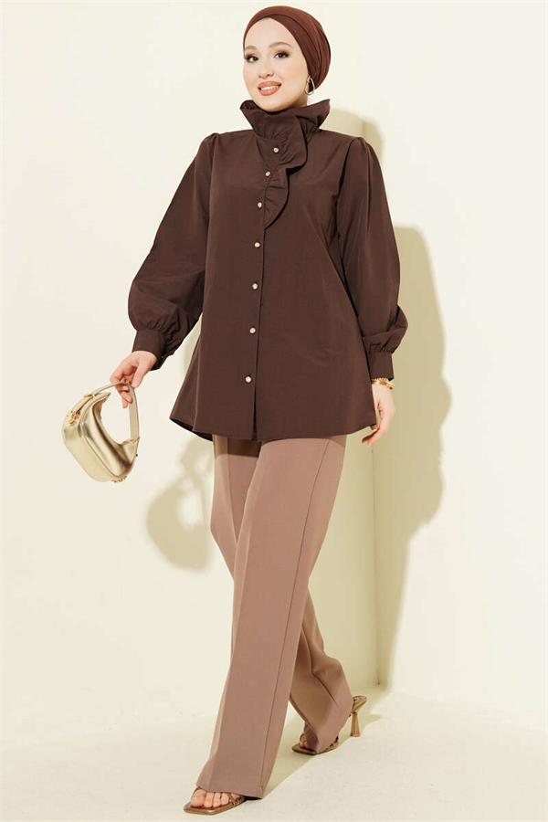 Shirt with Ruffled Collar and Stone Buttons, Brown