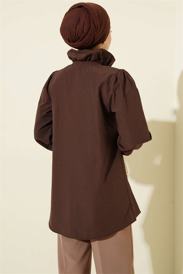 Shirt with Ruffled Collar and Stone Buttons, Brown