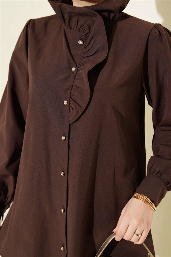 Shirt with Ruffled Collar and Stone Buttons, Brown