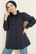 Navy Blue Shirt with Ruffled Collar and Stone Buttons