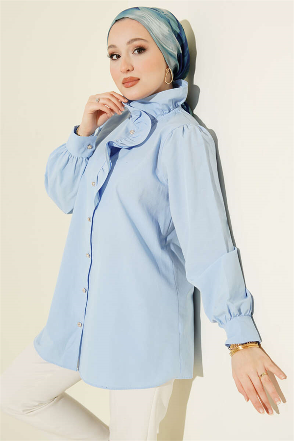 Shirt with Ruffled Collar and Stone Buttons, Blue