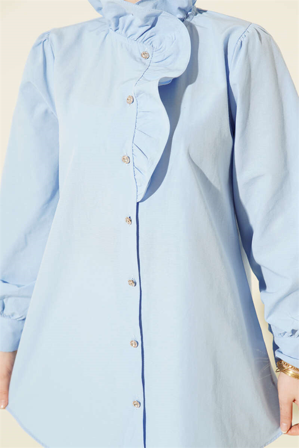 Shirt with Ruffled Collar and Stone Buttons, Blue