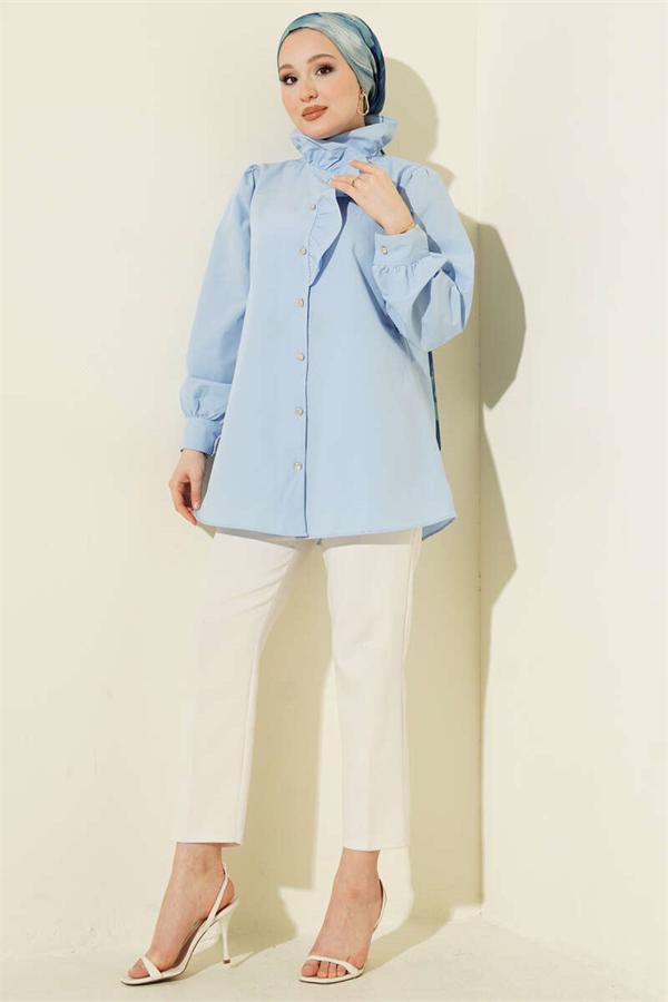 Shirt with Ruffled Collar and Stone Buttons, Blue