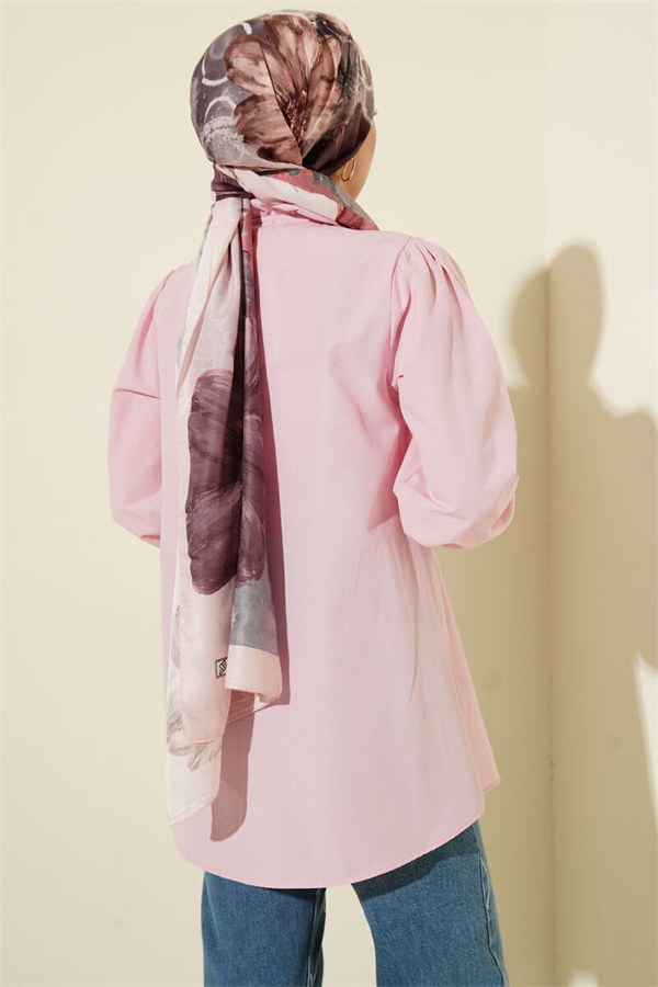 Pink Shirt with Ruffled Collar and Stone Buttons