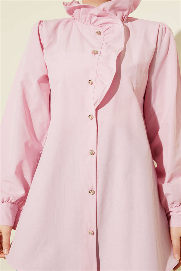 Pink Shirt with Ruffled Collar and Stone Buttons