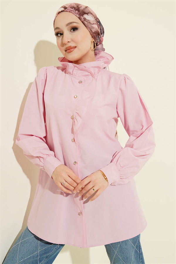 Pink Shirt with Ruffled Collar and Stone Buttons