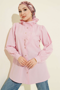 Pink Shirt with Ruffled Collar and Stone Buttons