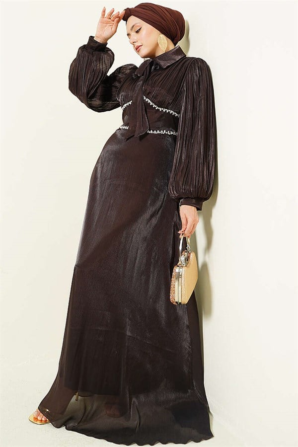 Dark Brown Embellished Evening Dress with Bow Collar