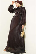 Dark Brown Embellished Evening Dress with Bow Collar